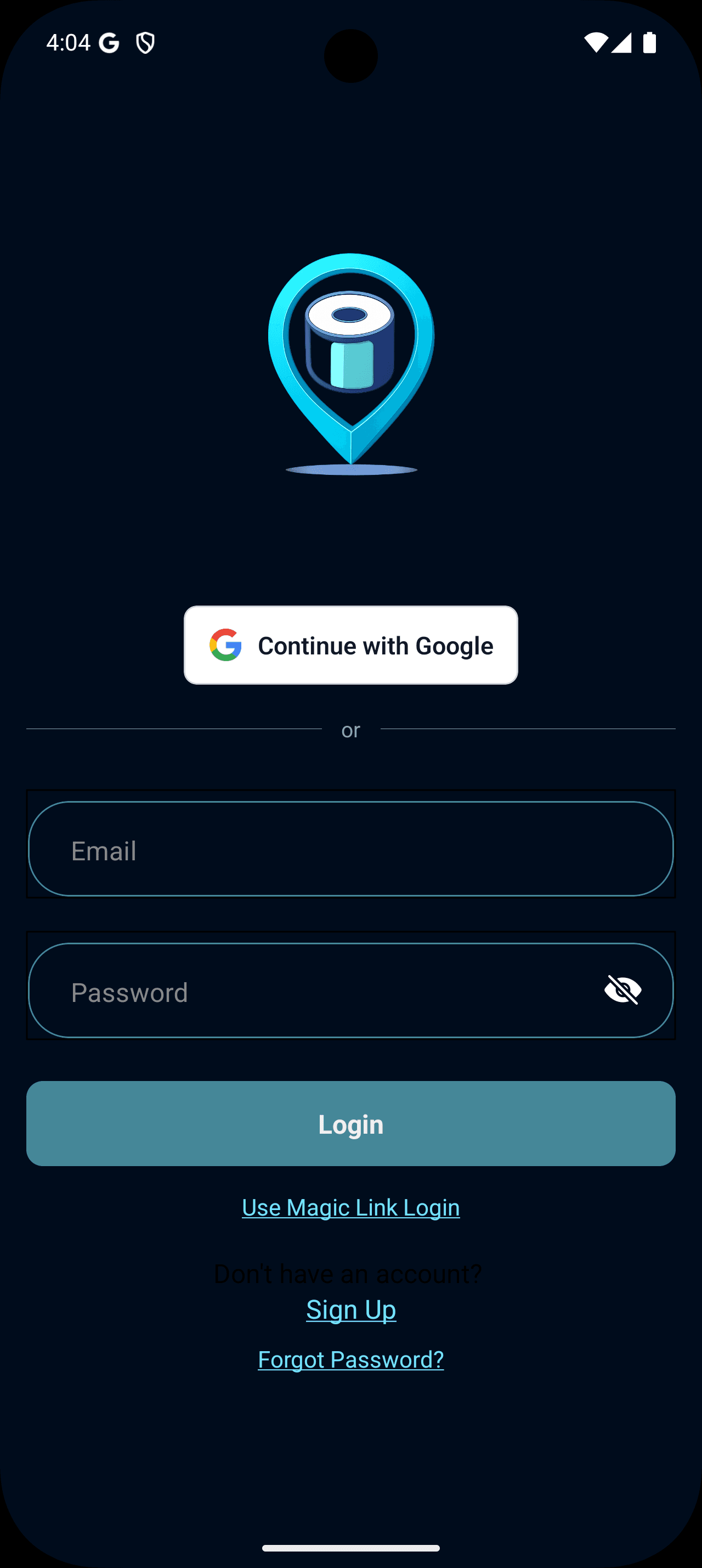 Bathroom Buddy mobile login screen