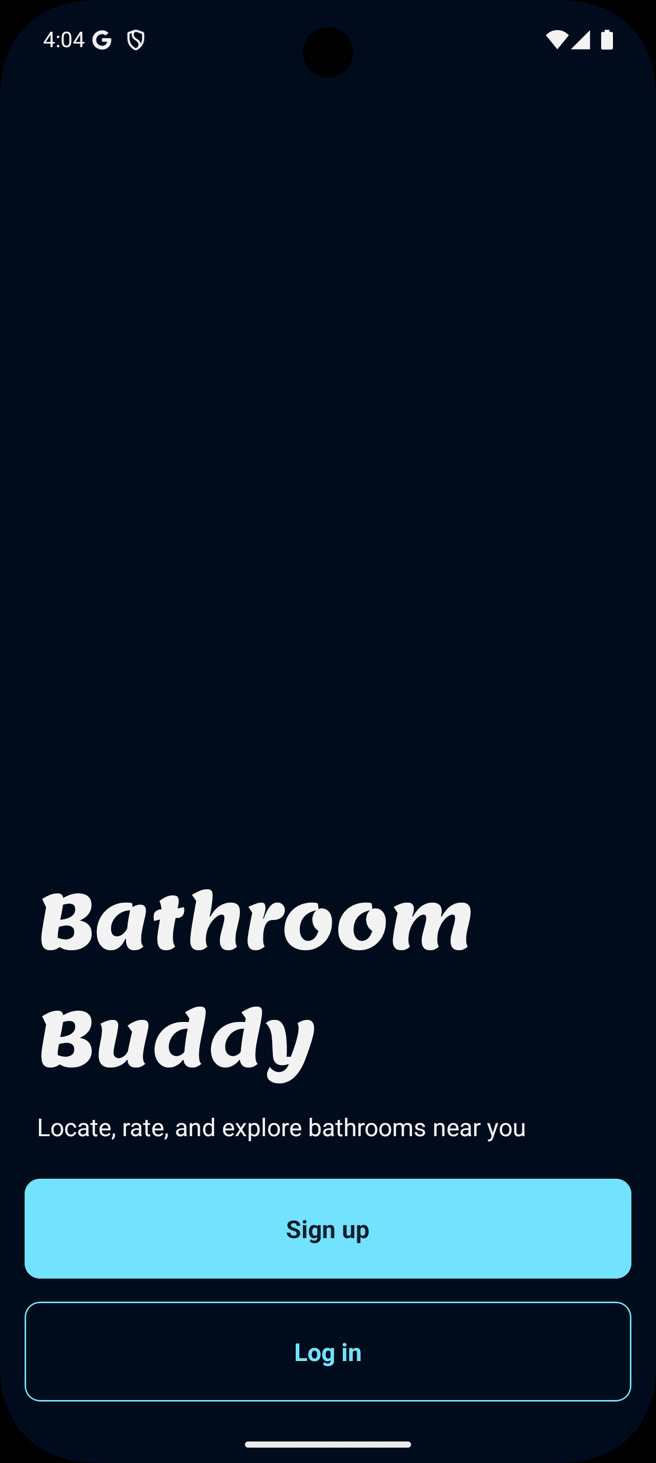 Bathroom Buddy mobile welcome screen